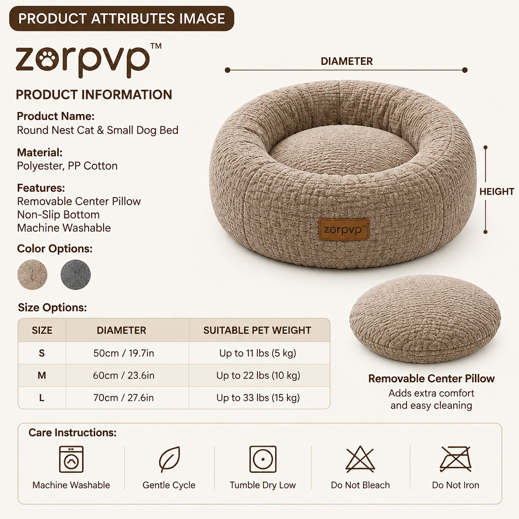 zorpvp™ Round Nest Cat & Small Dog Bed, Textured Bolster Pet Cushion with Removable Center Pillow