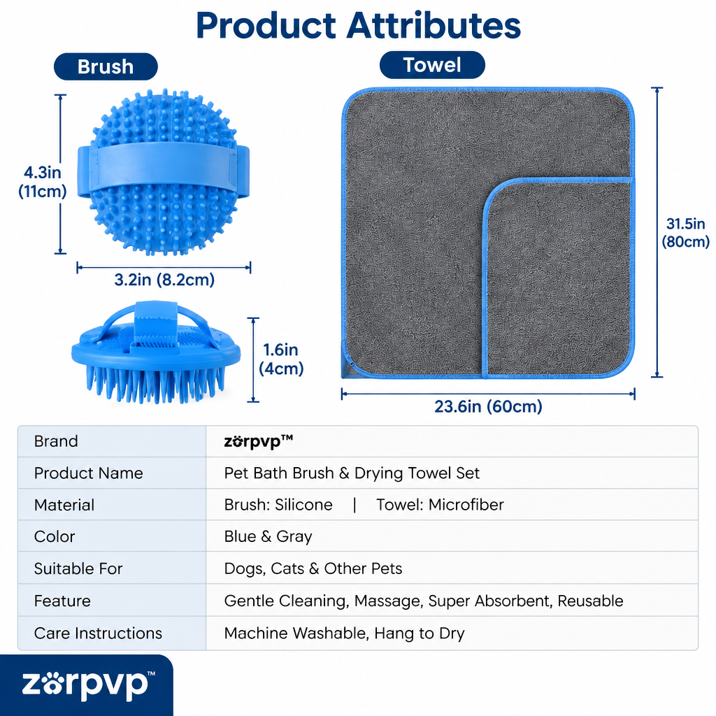 zorpvp™ Pet Bath Brush & Drying Towel Set, Flexible Grooming Brush with Hand Strap and Pocketed Microfiber Towel