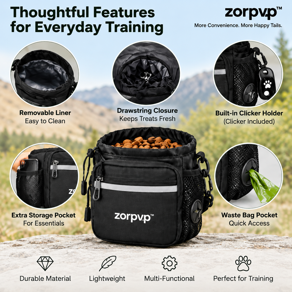 zorpvp™ Everyday Dog Training Treat Pouch, Belt Bag with Removable Liner, Clicker & Waste Bag Pocket
