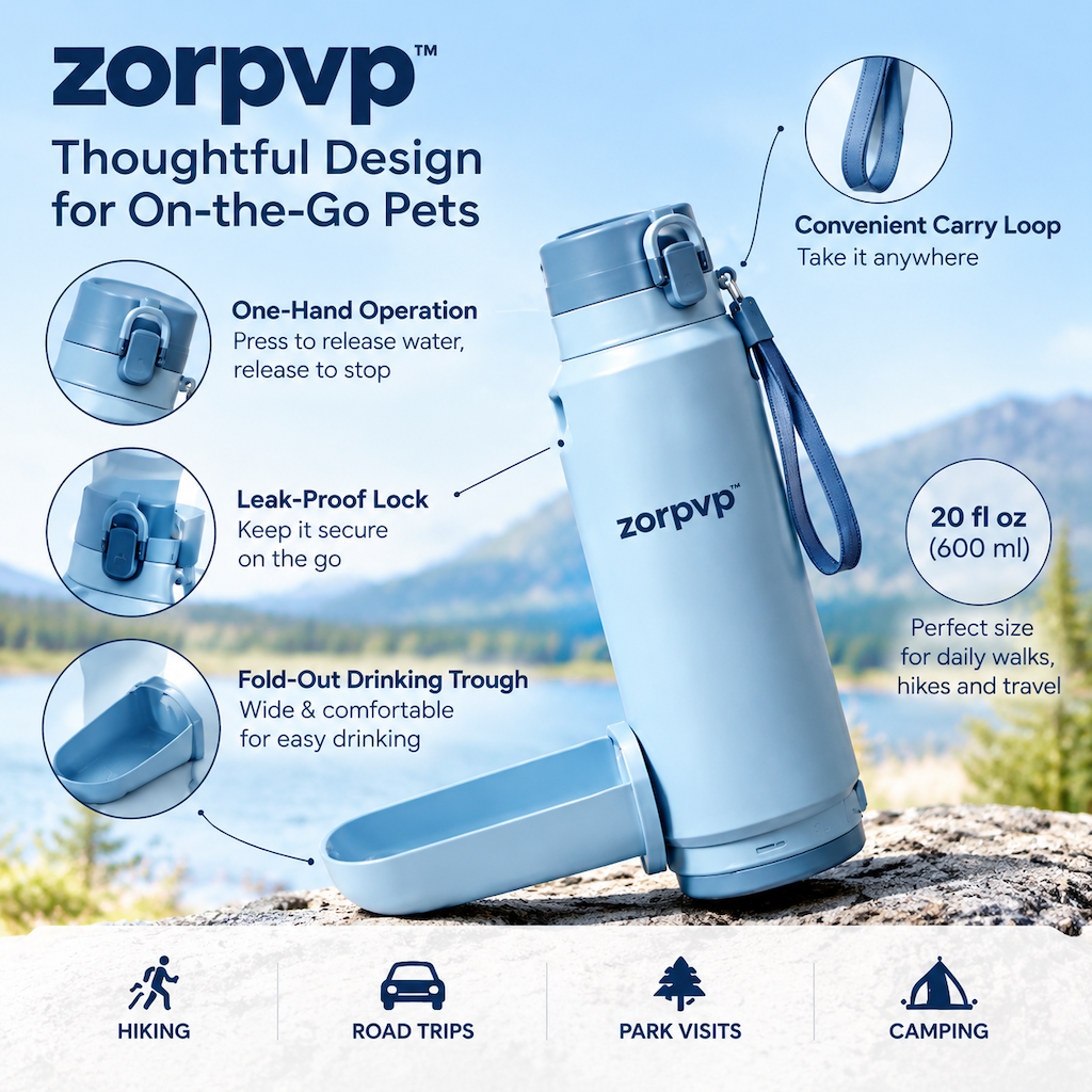 zorpvp™ Portable Dog Water Bottle, 20-fl-oz Travel Dispenser with Fold-Out Drinking Trough & Carry Loop