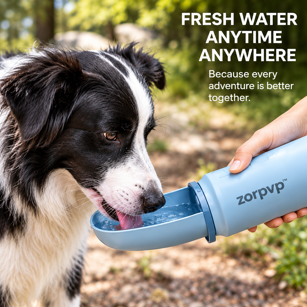 zorpvp™ Portable Dog Water Bottle, 20-fl-oz Travel Dispenser with Fold-Out Drinking Trough & Carry Loop