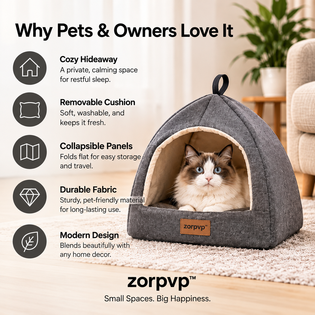 zorpvp™ Foldaway Cat Cave Bed, Fabric Pet Hideaway with Removable Cushion & Collapsible Panels
