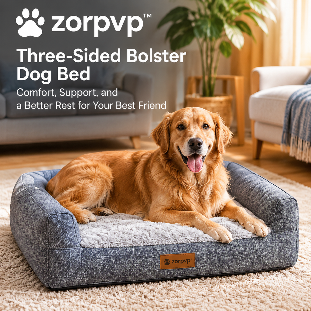 zorpvp™ Three-Sided Bolster Dog Bed, Rectangular Pet Sofa with Removable Cover & Foam Base