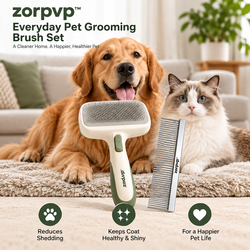 zorpvp™ Everyday Pet Grooming Brush Set, Retractable-Pin Slicker Brush & Dual-Spacing Metal Comb