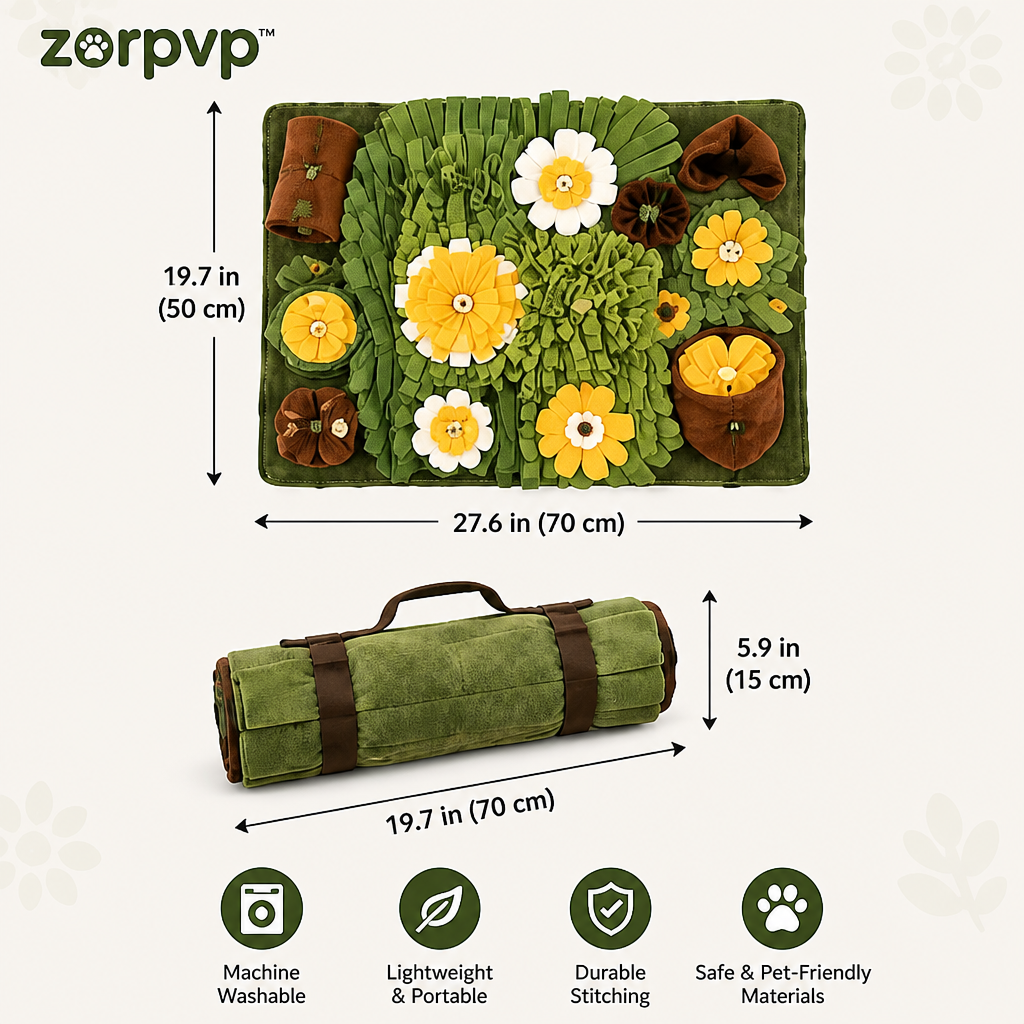 zorpvp™ Meadow Fold Dog Snuffle Mat, Fabric Foraging Activity Pad with Treat Pockets & Roll-Up Ties