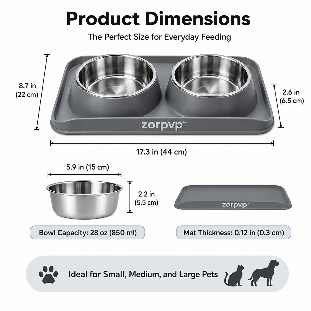 zorpvp™ Twin Bowl Pet Feeding Set, Removable Stainless Steel Food & Water Bowls with Silicone Mat