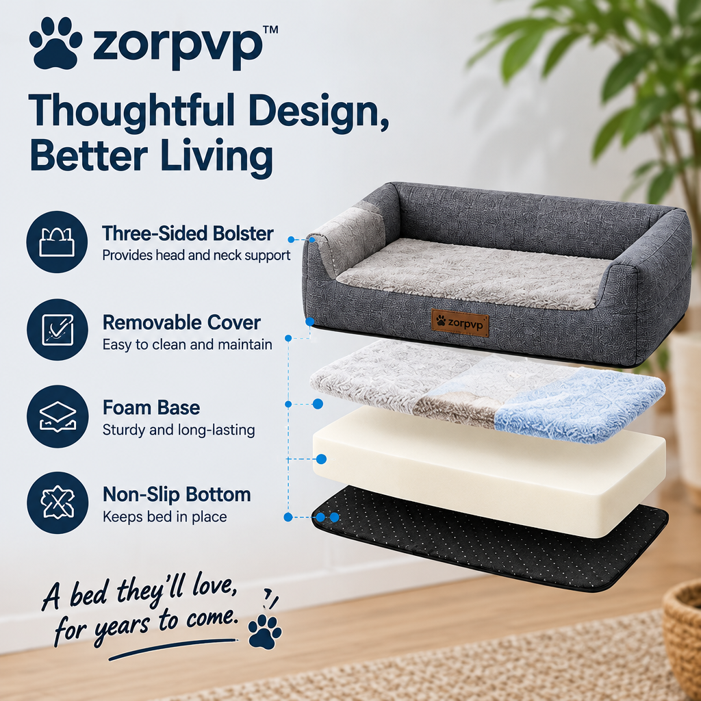 zorpvp™ Three-Sided Bolster Dog Bed, Rectangular Pet Sofa with Removable Cover & Foam Base