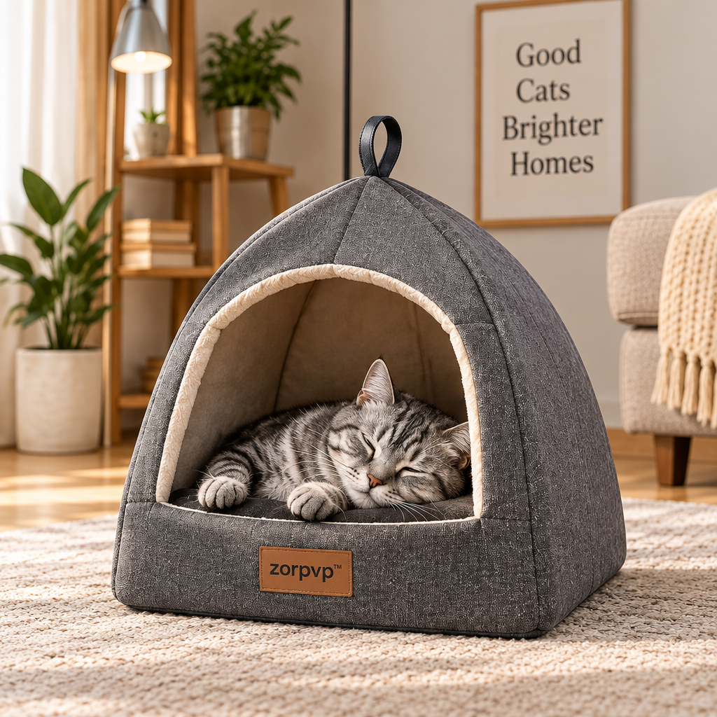 zorpvp™ Foldaway Cat Cave Bed, Fabric Pet Hideaway with Removable Cushion & Collapsible Panels
