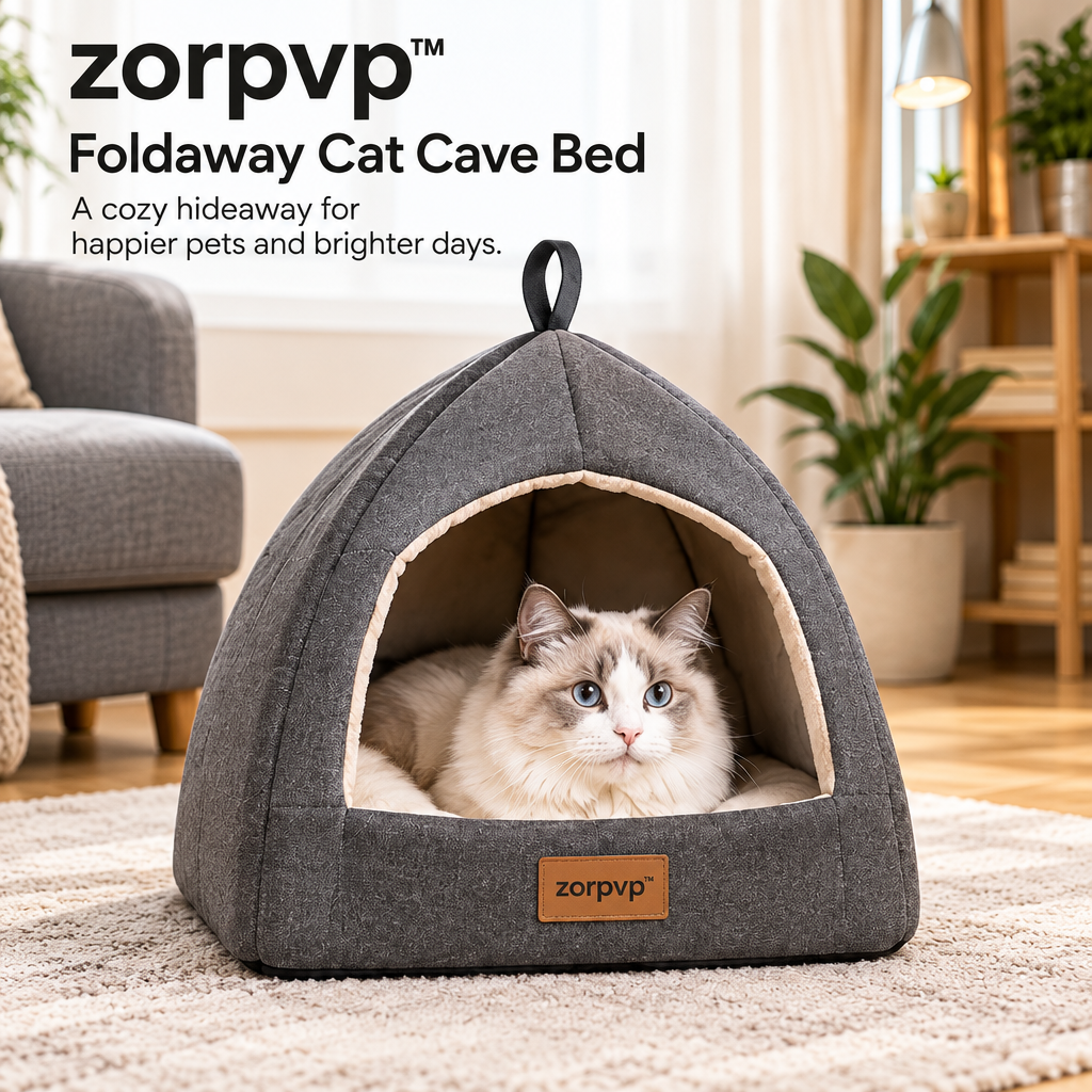 zorpvp™ Foldaway Cat Cave Bed, Fabric Pet Hideaway with Removable Cushion & Collapsible Panels