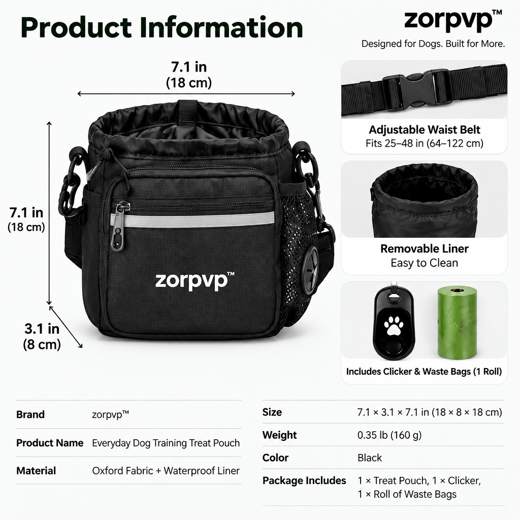 zorpvp™ Everyday Dog Training Treat Pouch, Belt Bag with Removable Liner, Clicker & Waste Bag Pocket