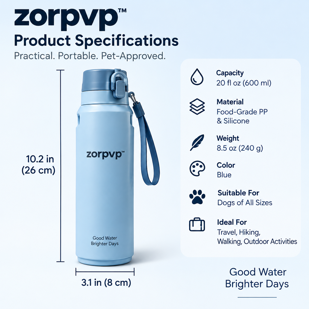 zorpvp™ Portable Dog Water Bottle, 20-fl-oz Travel Dispenser with Fold-Out Drinking Trough & Carry Loop