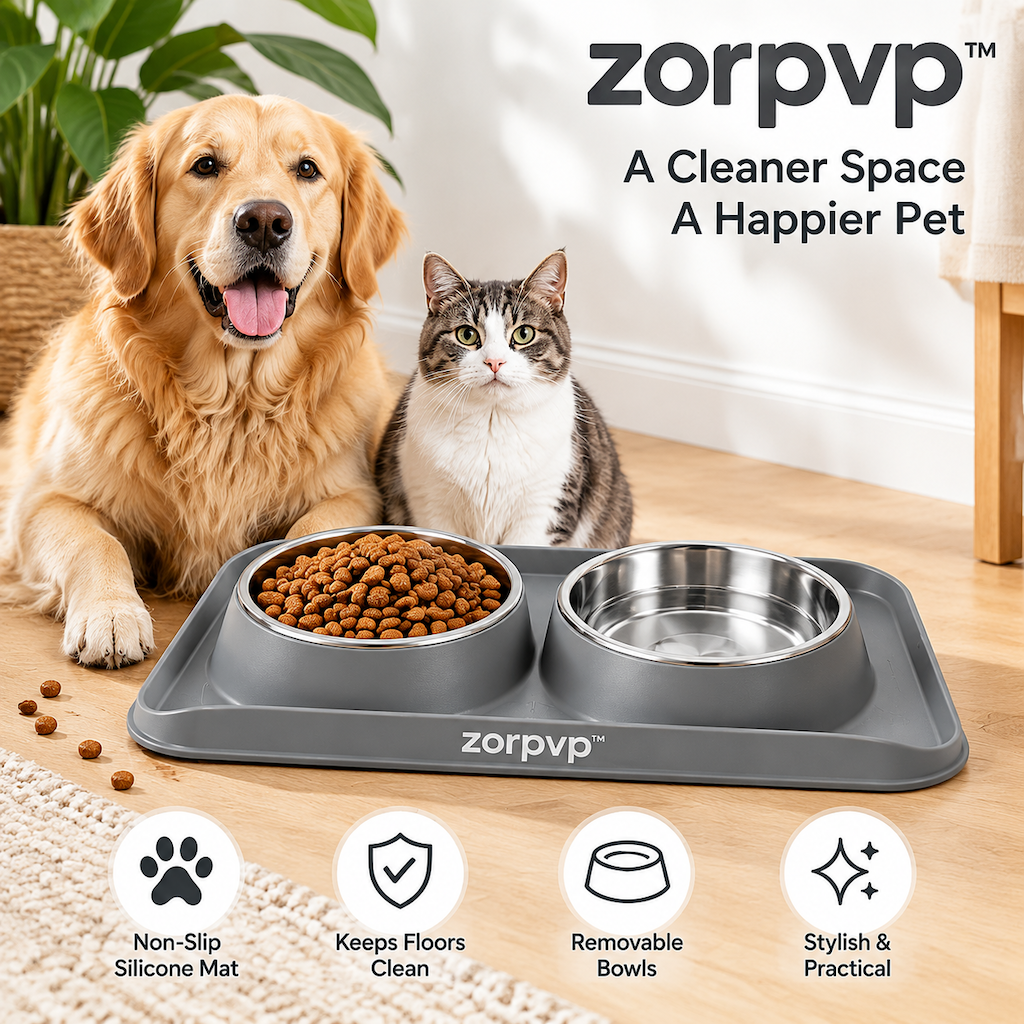 zorpvp™ Twin Bowl Pet Feeding Set, Removable Stainless Steel Food & Water Bowls with Silicone Mat