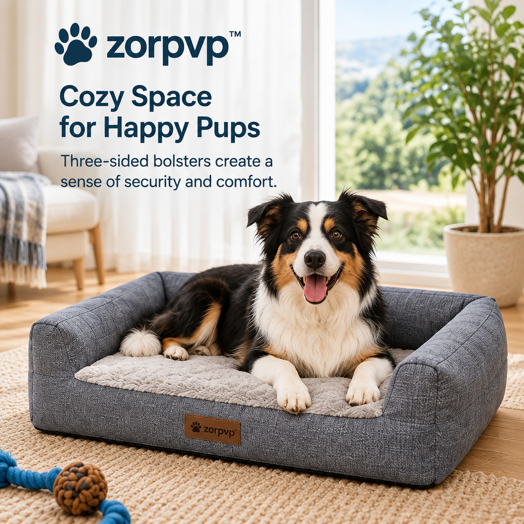 zorpvp™ Three-Sided Bolster Dog Bed, Rectangular Pet Sofa with Removable Cover & Foam Base