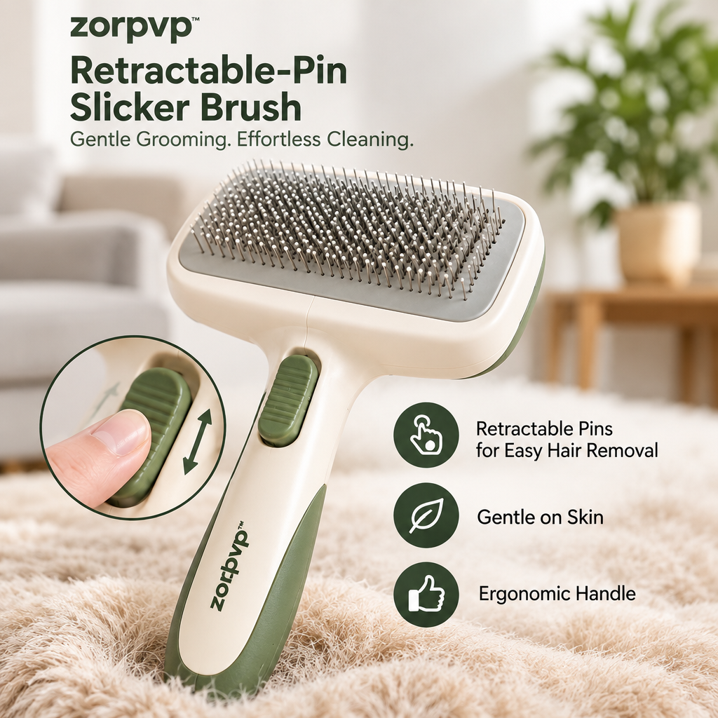 zorpvp™ Everyday Pet Grooming Brush Set, Retractable-Pin Slicker Brush & Dual-Spacing Metal Comb