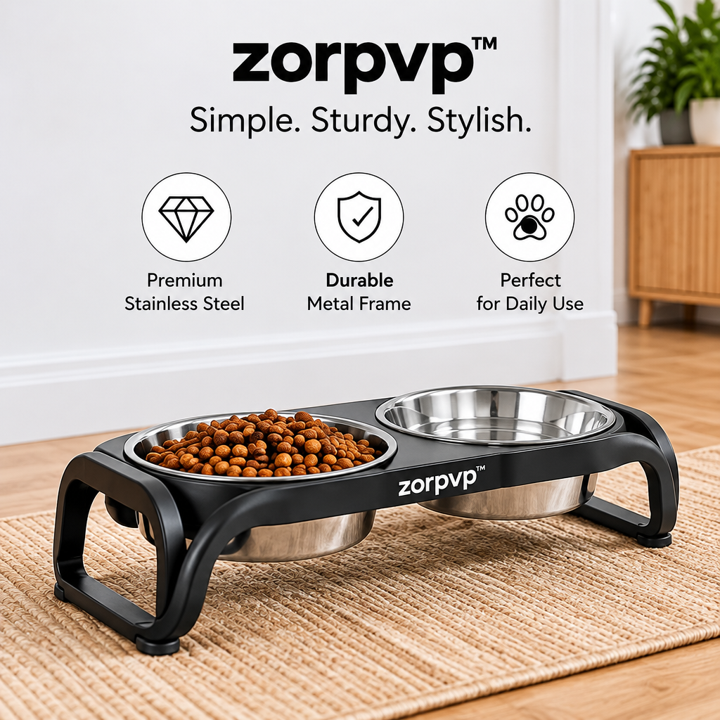 zorpvp™ Low-Profile Raised Pet Feeder, Double Stainless Steel Bowl Stand with Rounded Metal Frame