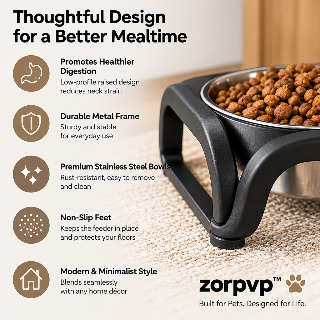 zorpvp™ Low-Profile Raised Pet Feeder, Double Stainless Steel Bowl Stand with Rounded Metal Frame