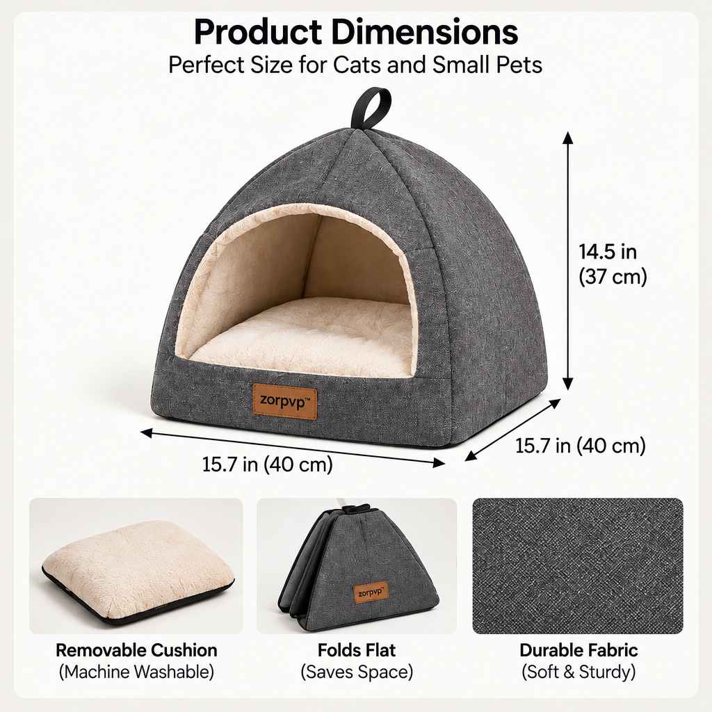 zorpvp™ Foldaway Cat Cave Bed, Fabric Pet Hideaway with Removable Cushion & Collapsible Panels