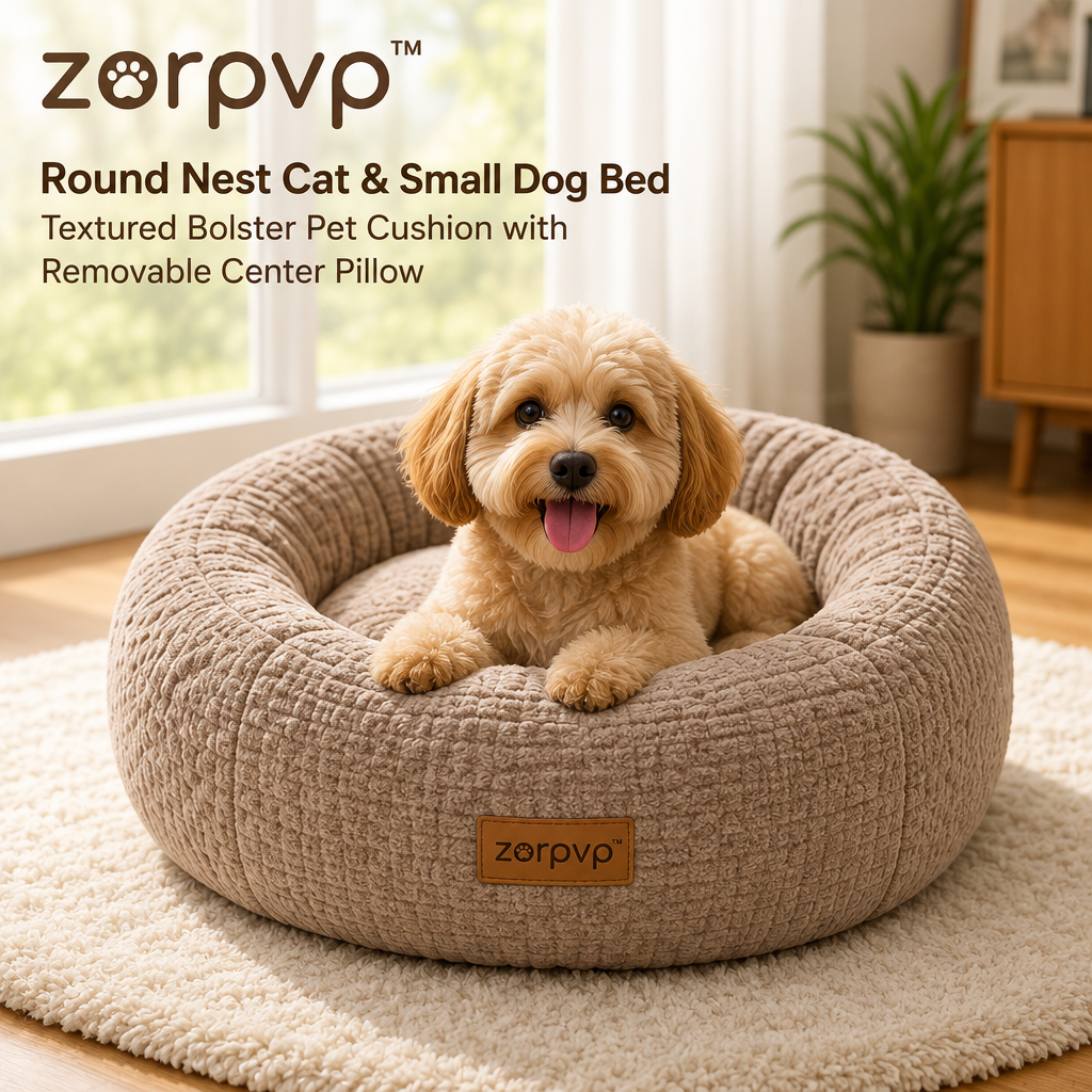zorpvp™ Round Nest Cat & Small Dog Bed, Textured Bolster Pet Cushion with Removable Center Pillow