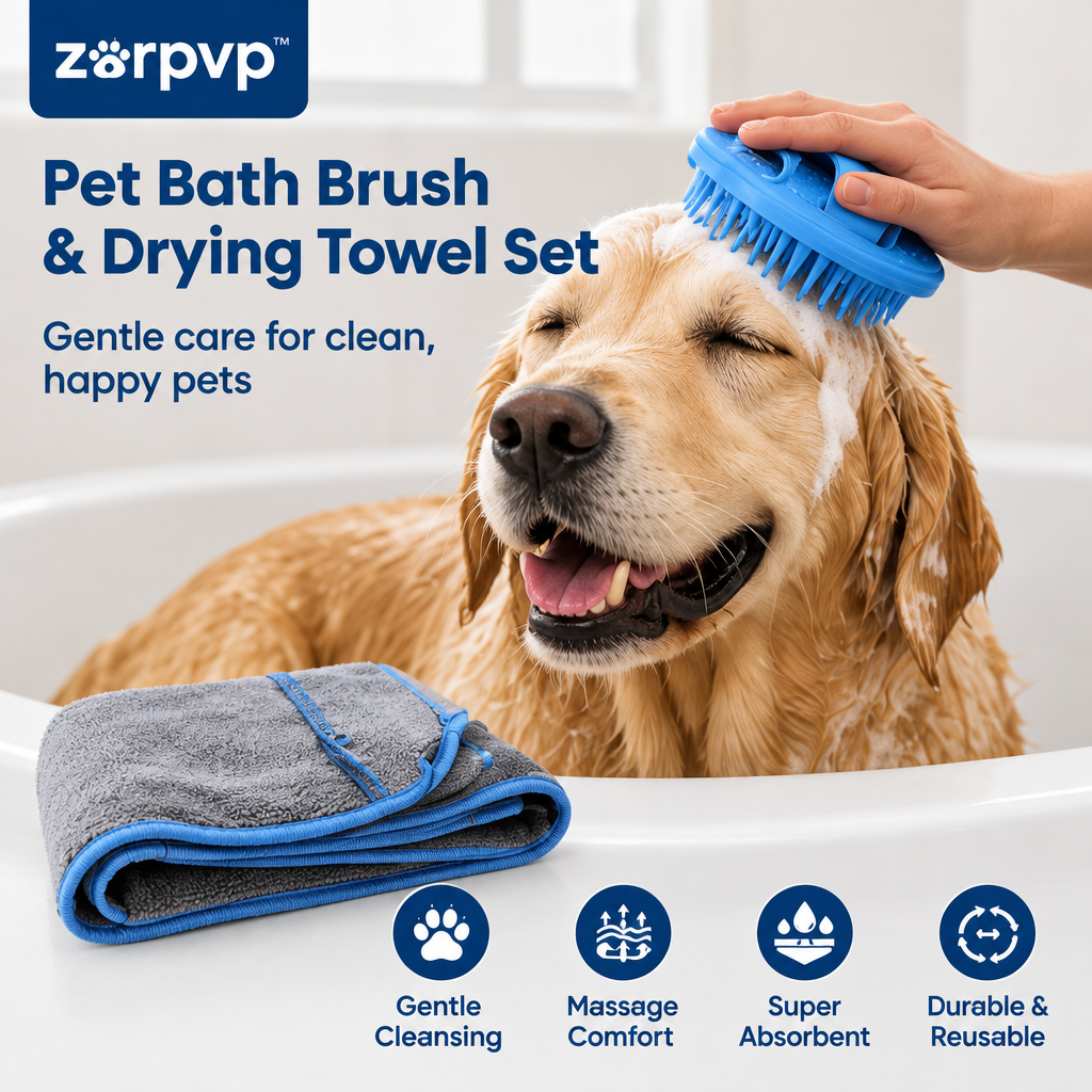 zorpvp™ Pet Bath Brush & Drying Towel Set, Flexible Grooming Brush with Hand Strap and Pocketed Microfiber Towel