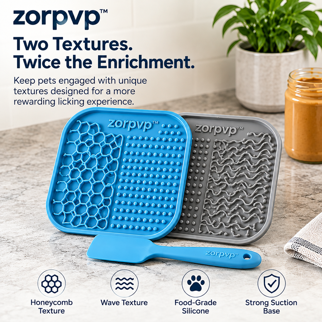 zorpvp™ Contour Silicone Lick Mat Set, Two Textured Pet Feeding Pads with Suction Bases & Spreader