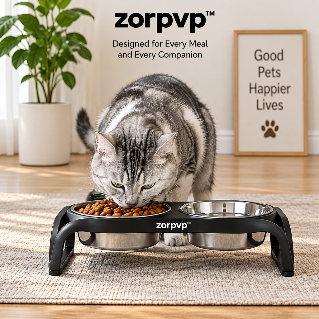 zorpvp™ Low-Profile Raised Pet Feeder, Double Stainless Steel Bowl Stand with Rounded Metal Frame