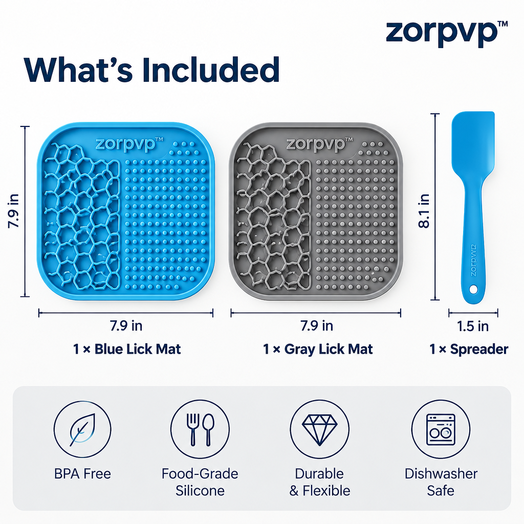zorpvp™ Contour Silicone Lick Mat Set, Two Textured Pet Feeding Pads with Suction Bases & Spreader
