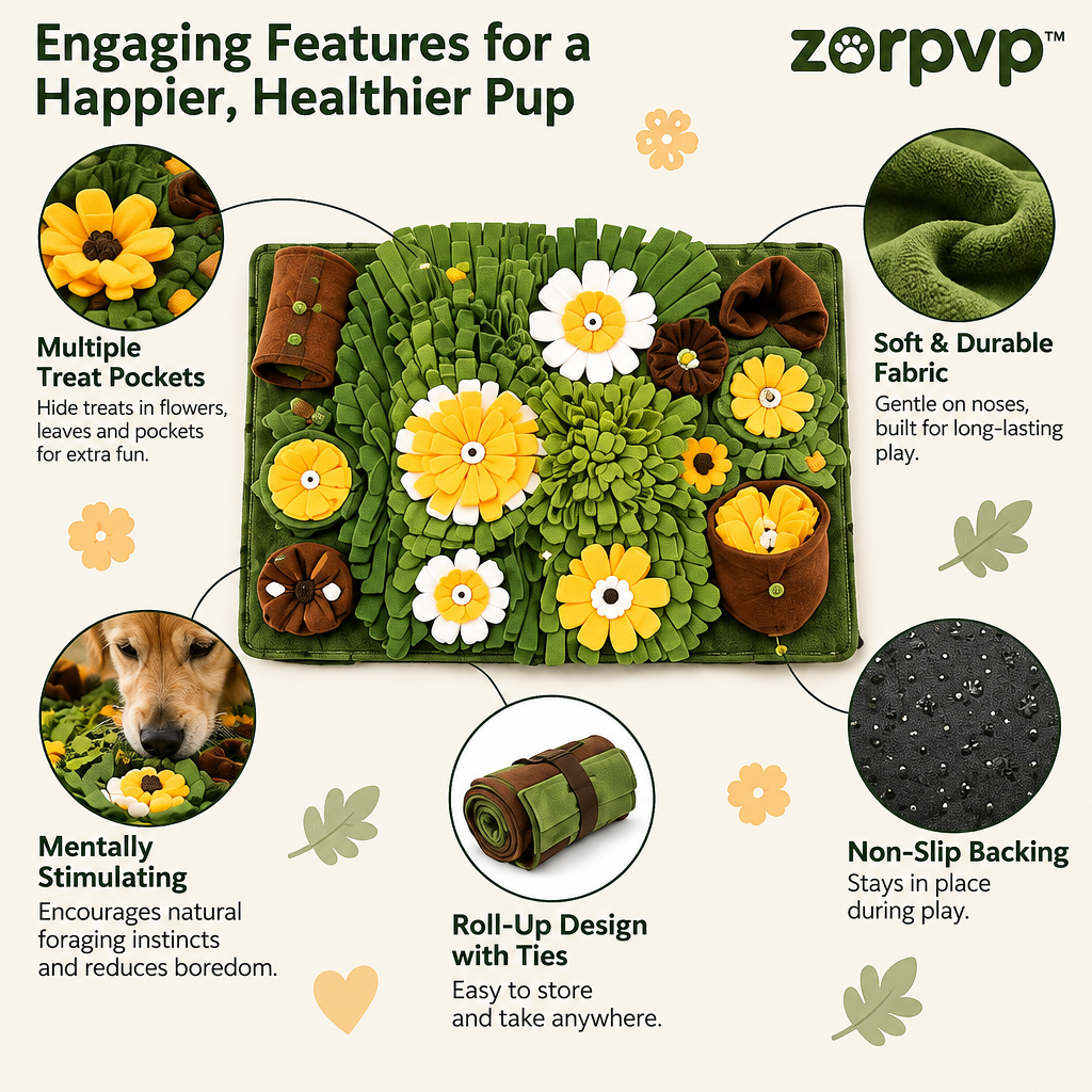 zorpvp™ Meadow Fold Dog Snuffle Mat, Fabric Foraging Activity Pad with Treat Pockets & Roll-Up Ties