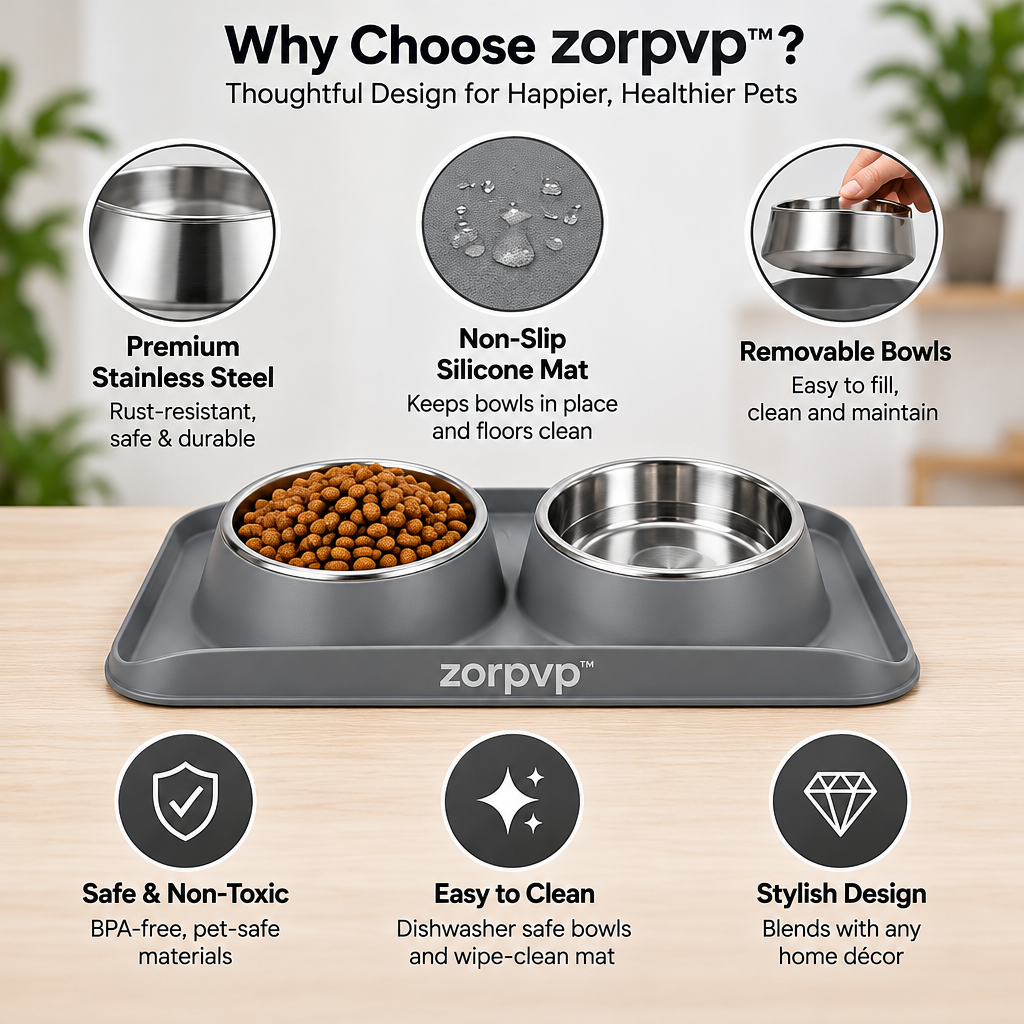 zorpvp™ Twin Bowl Pet Feeding Set, Removable Stainless Steel Food & Water Bowls with Silicone Mat