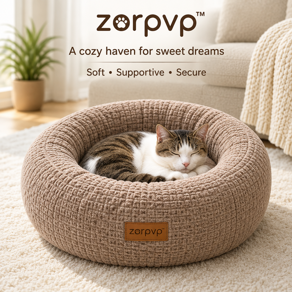 zorpvp™ Round Nest Cat & Small Dog Bed, Textured Bolster Pet Cushion with Removable Center Pillow
