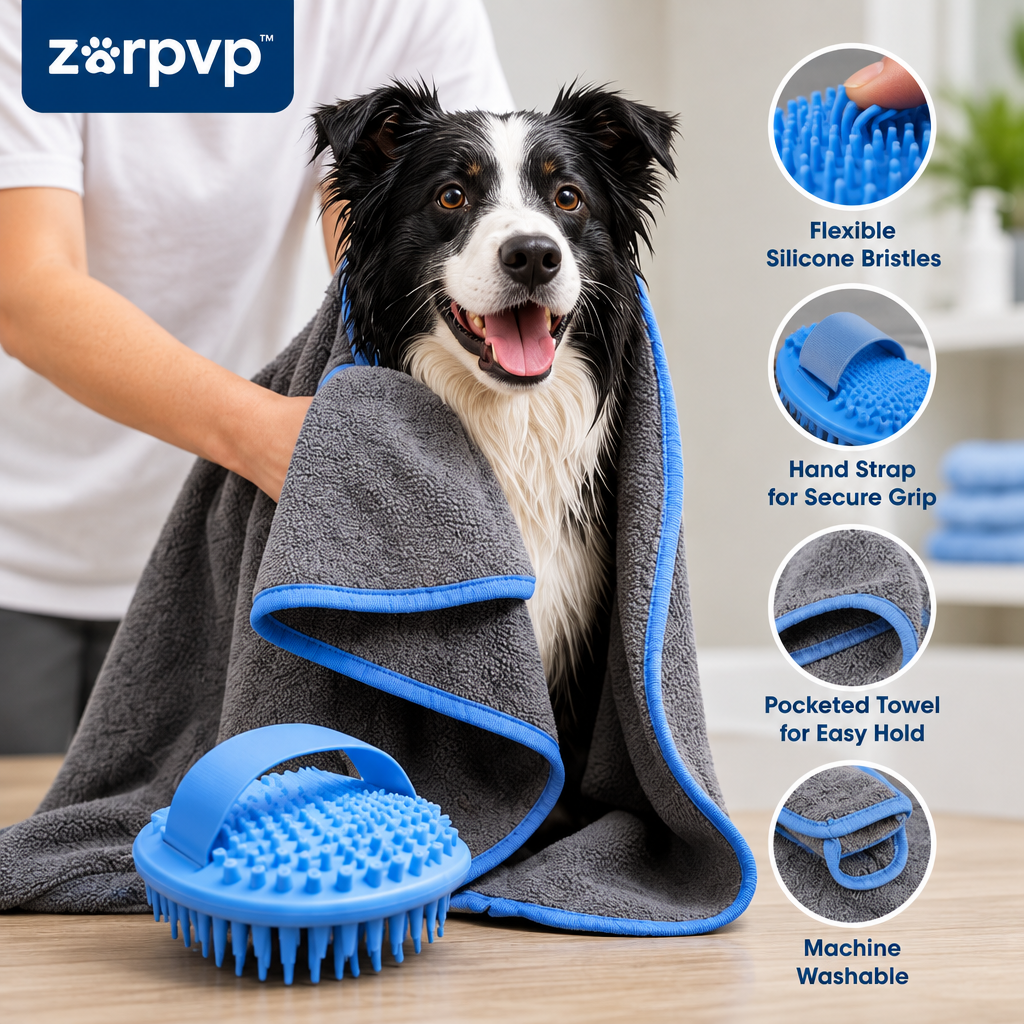zorpvp™ Pet Bath Brush & Drying Towel Set, Flexible Grooming Brush with Hand Strap and Pocketed Microfiber Towel