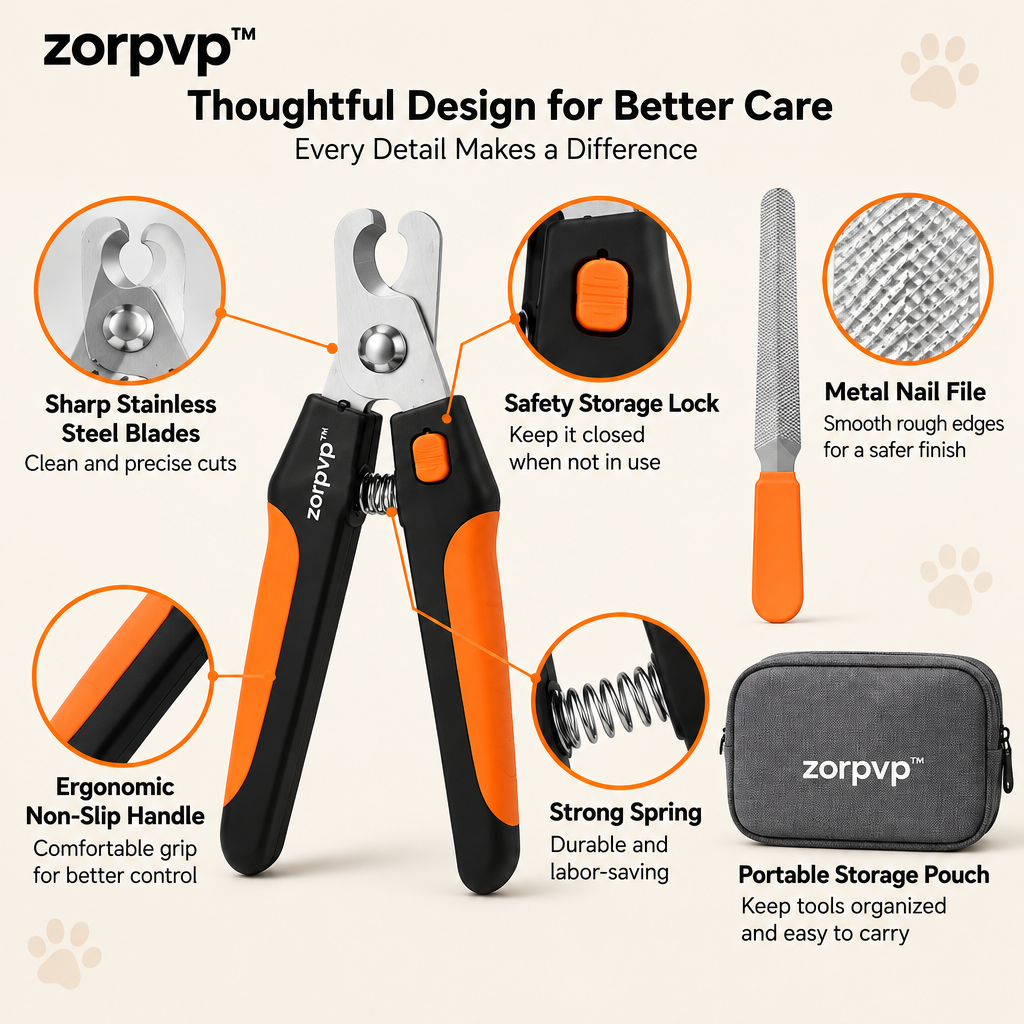 zorpvp™ Pet Nail Care Tool Set, Manual Nail Clippers with Storage Lock, Metal File & Storage Pouch