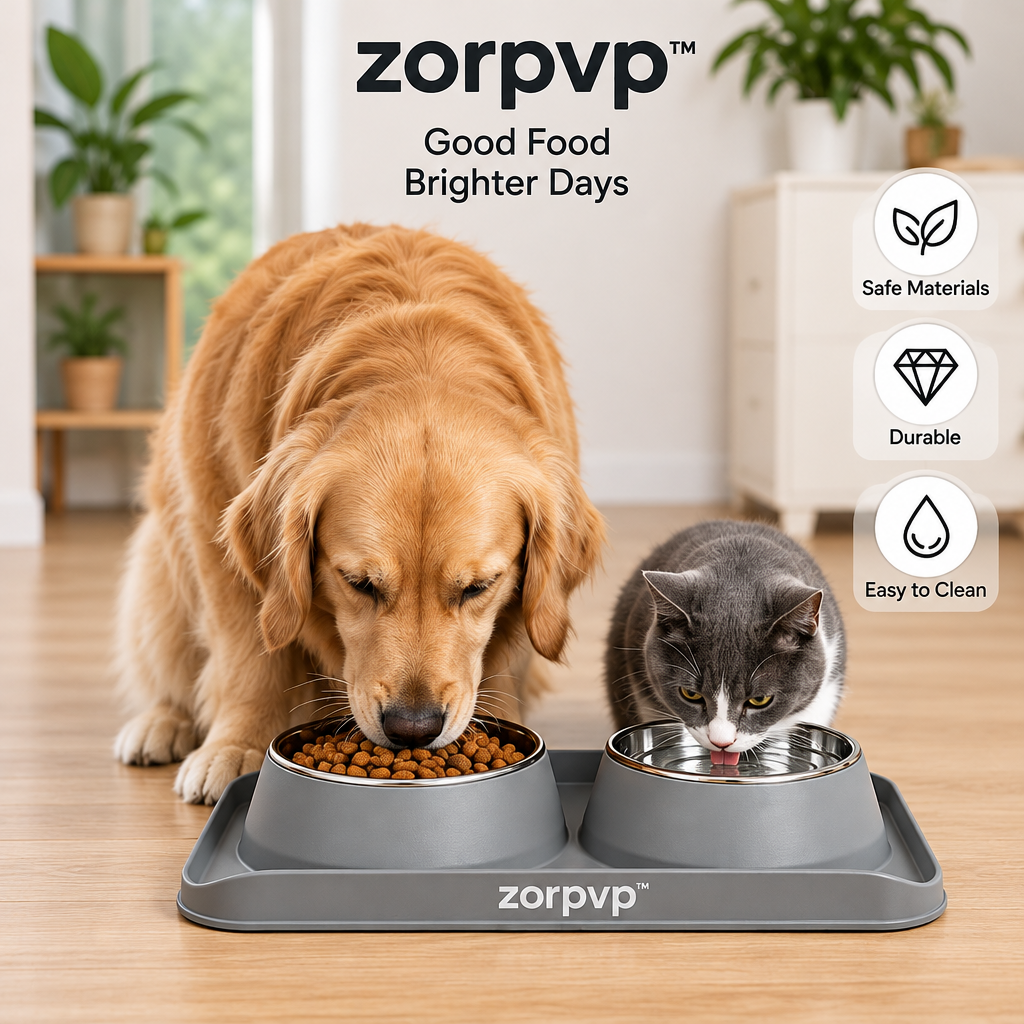 zorpvp™ Twin Bowl Pet Feeding Set, Removable Stainless Steel Food & Water Bowls with Silicone Mat