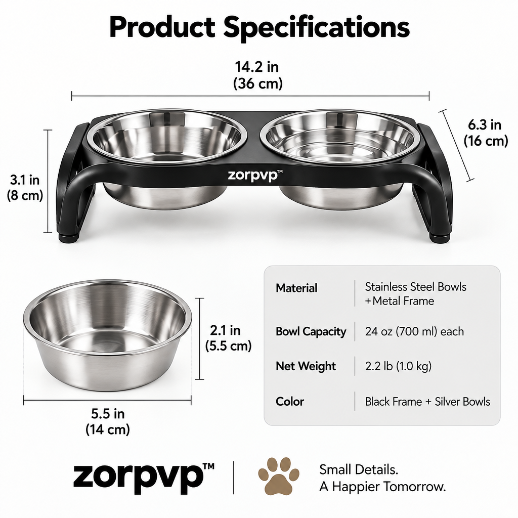 zorpvp™ Low-Profile Raised Pet Feeder, Double Stainless Steel Bowl Stand with Rounded Metal Frame