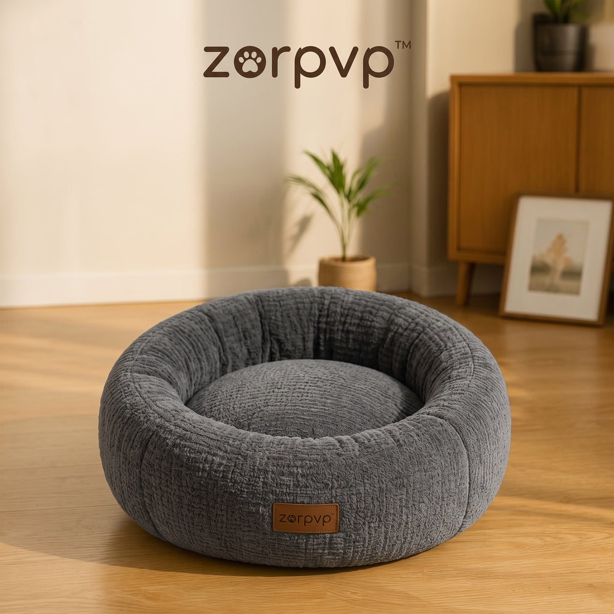zorpvp™ Round Nest Cat & Small Dog Bed, Textured Bolster Pet Cushion with Removable Center Pillow