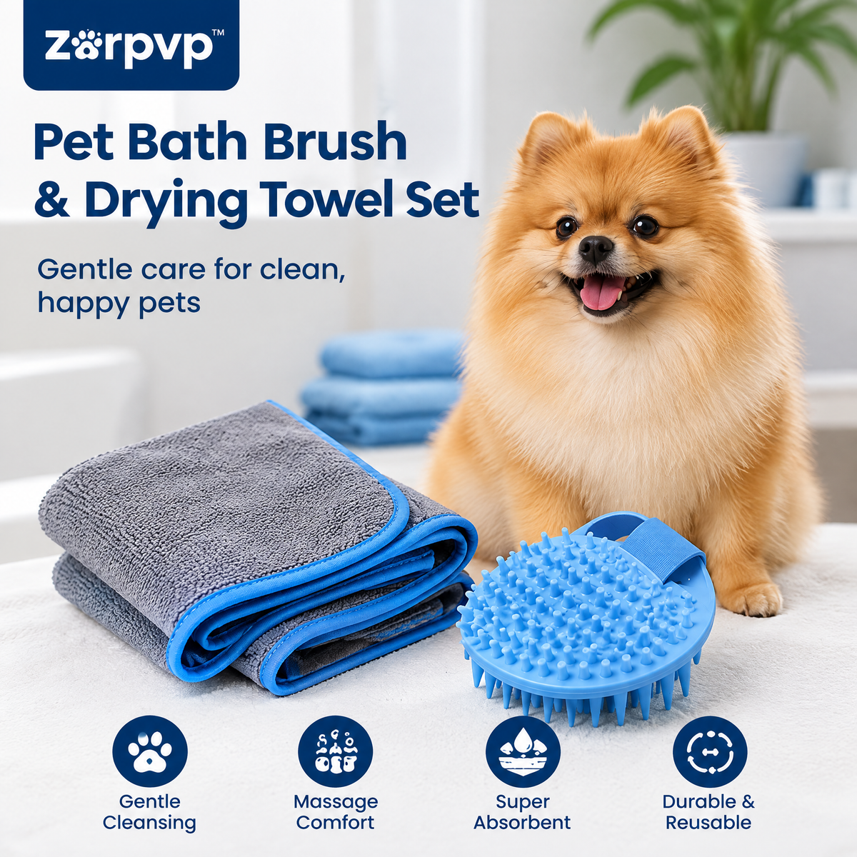zorpvp™ Pet Bath Brush & Drying Towel Set, Flexible Grooming Brush with Hand Strap and Pocketed Microfiber Towel