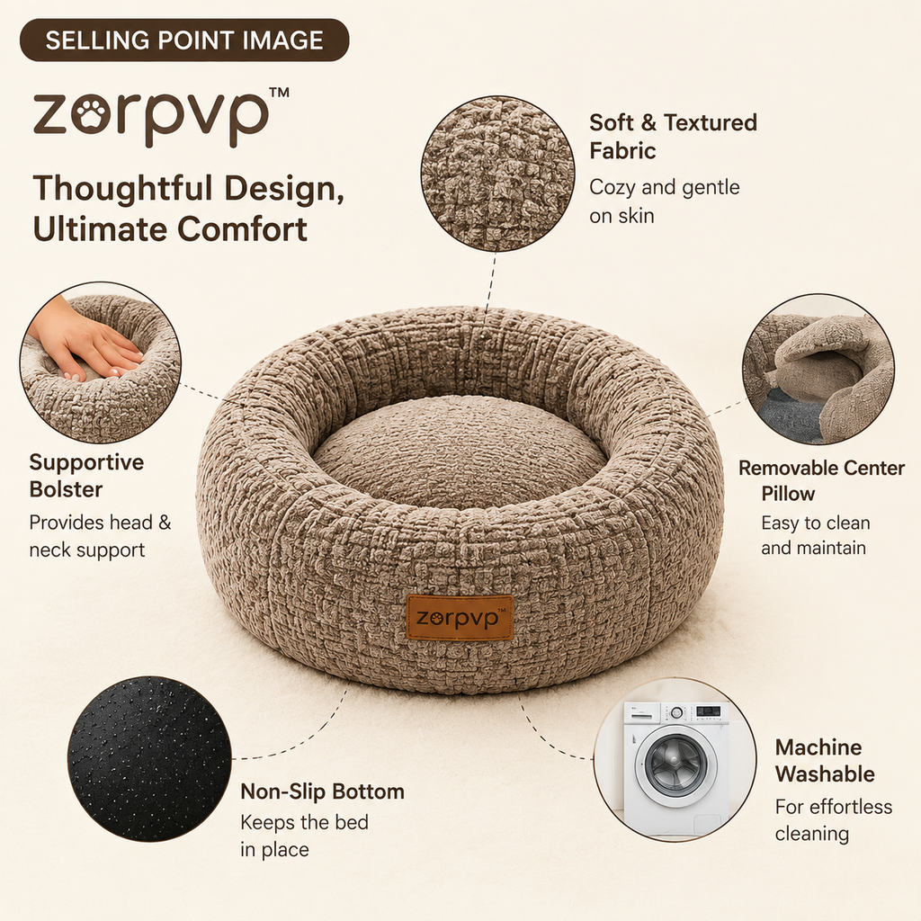zorpvp™ Round Nest Cat & Small Dog Bed, Textured Bolster Pet Cushion with Removable Center Pillow