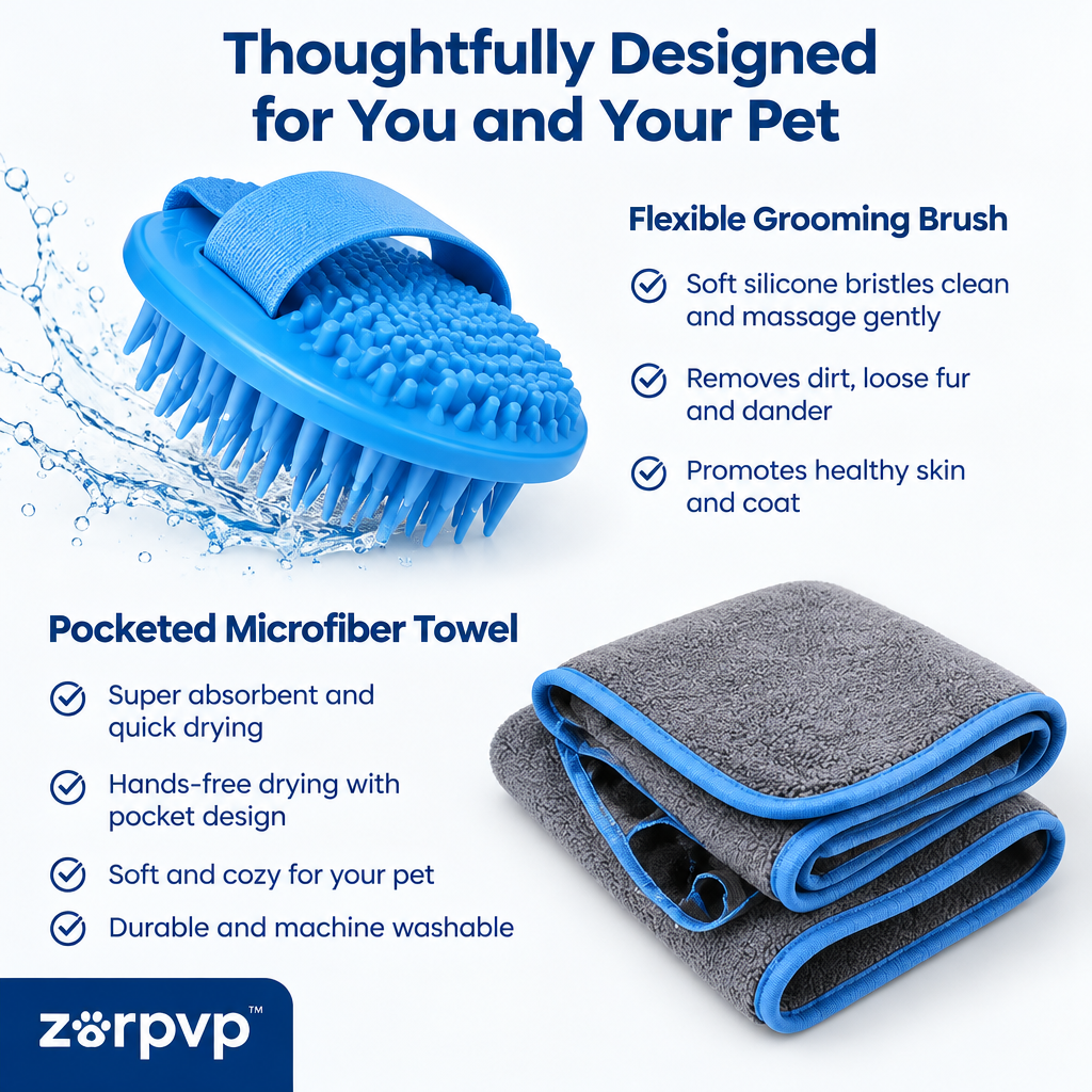 zorpvp™ Pet Bath Brush & Drying Towel Set, Flexible Grooming Brush with Hand Strap and Pocketed Microfiber Towel