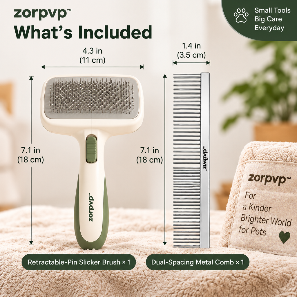 zorpvp™ Everyday Pet Grooming Brush Set, Retractable-Pin Slicker Brush & Dual-Spacing Metal Comb